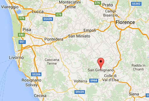 Map showing the location of San Gimignano in Tuscany