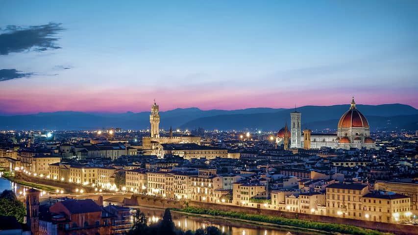 Florence skyline at sunset, with Palazzo Vecchio on the left and the Cathedral right: the closest we have to a dream city