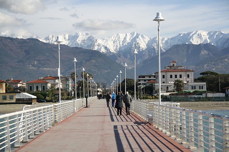 View of Apuan Alps mountain peaks from the sea