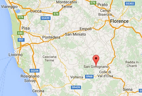 Map showing the location of San Gimignano in Tuscany