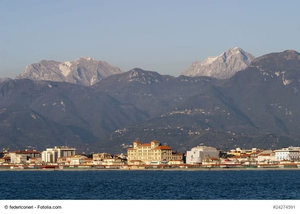 Viareggio, sea and Apuan Alps mountains panoramic view with Grand Hotel Royal