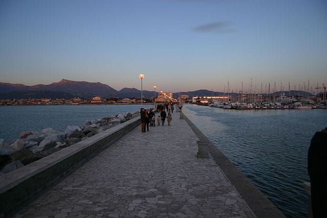 Viareggio pier at dusk, 5 minutes' walk from the flat