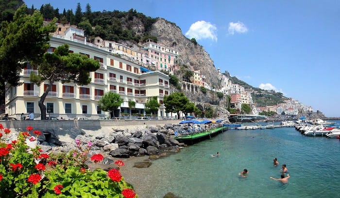 The beach and sea in front of Amalfi Hotel La Bussola