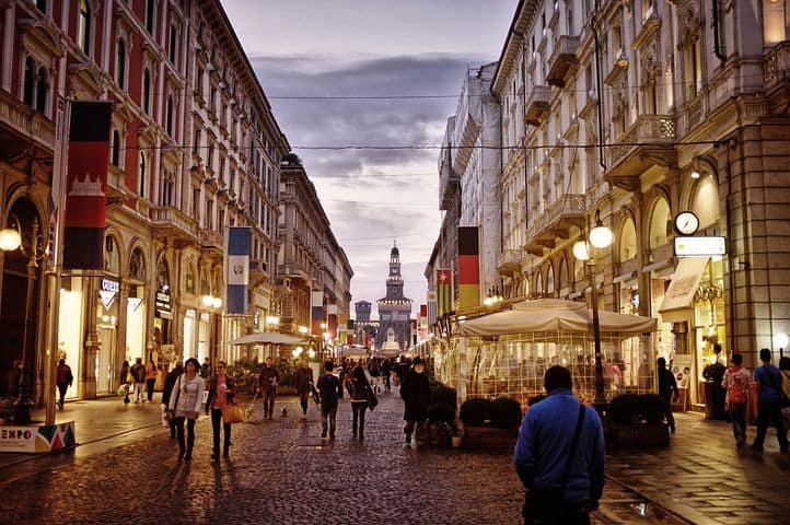 Milan city centre, with Castello Sforzesco at end of street