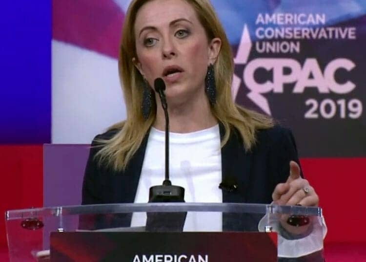 Giorgia Meloni giving a speech at Conservative Political Action Conference (CPAC) 2019