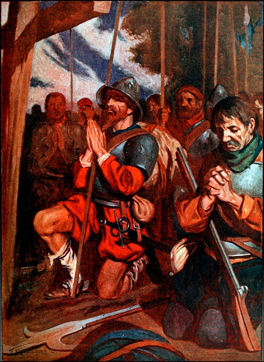 Conquistadors pray before entering Tenochtitlan